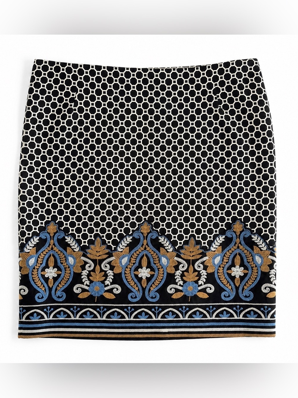 J. McLaughlin Embroidered Geo Print Pencil Skirt Size 12 Black Blue